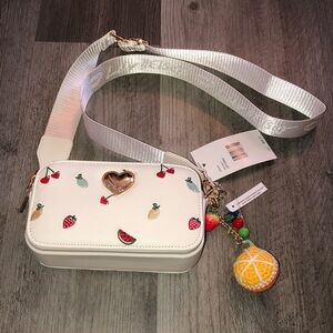 Betsey Johnson LBJUNO White Multi Camera Crossbody Bag Embroidered Fruits NWT